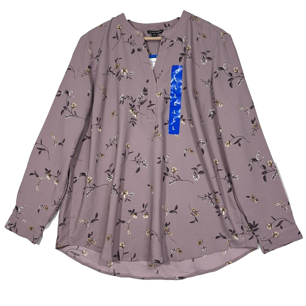 Hilary Radley Blouse Lavender Floral Split V-Neck Crepe Office Casual NWT‎ L